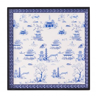 Square lacquer tray with blue Temple  25.5x25.5 cm